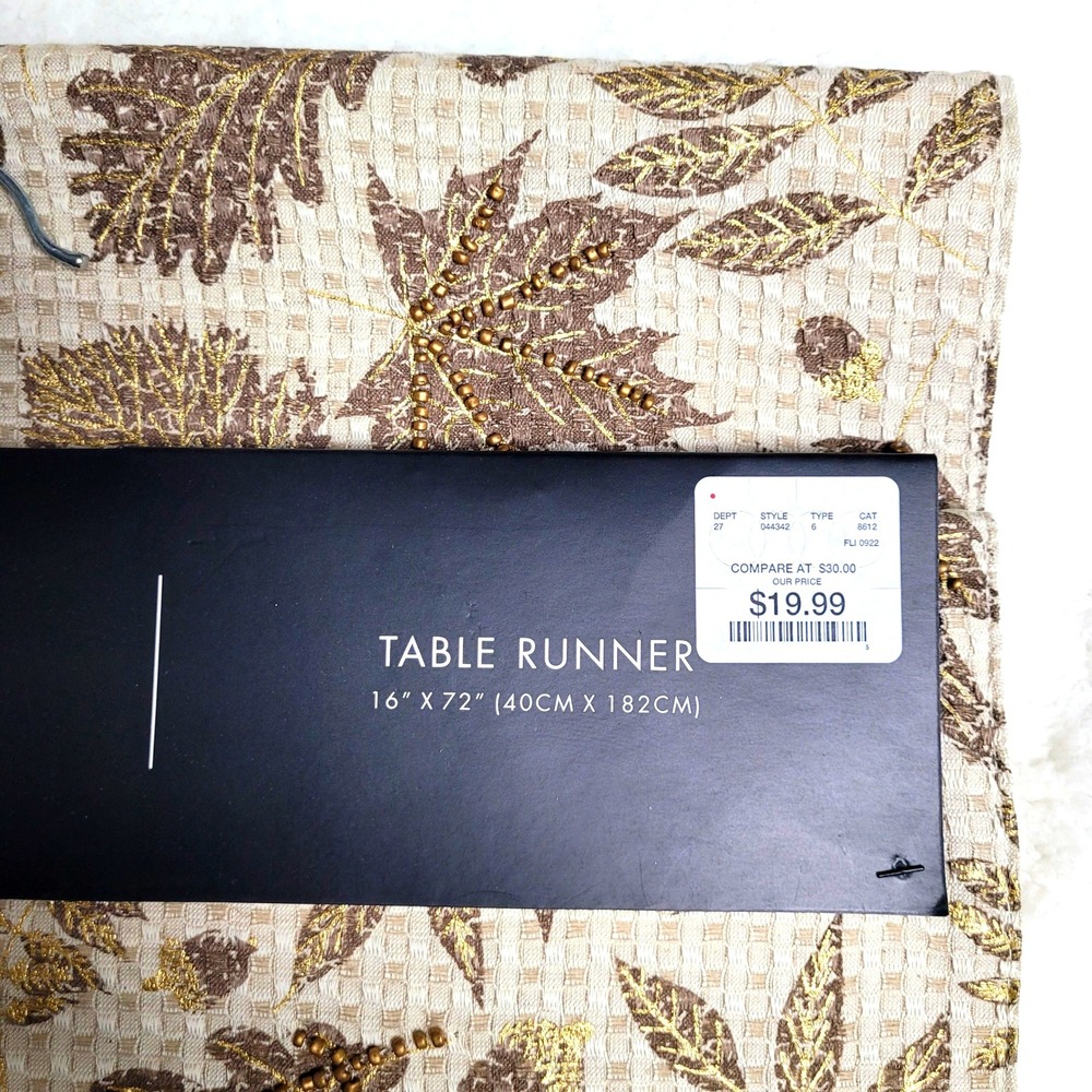 Tahari Home Beaded Table Runner 16"x72"‎ Beige Gold Leaves NEW - Picture 5 of 7